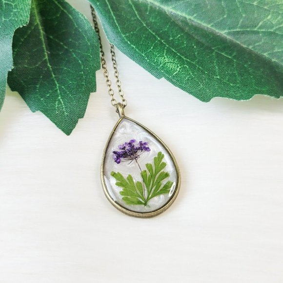 Floral Teardrop Necklace Purple and Green Pressed Dried Flower Teardrop Pendant - Picture 1 of 10